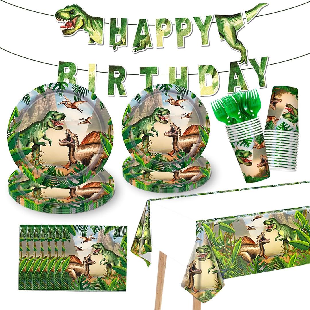 122 Pcs Dinosaur Theme Birthday Party Supplies Dinosaur Party Decoration Includes Plates Napkins Cups Forks Dino Banner Tablecloths Tableware for Birthday
