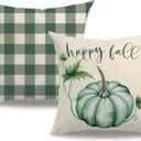 Fall Decorative Throw Pillow Covers,Autumn Pumpkin and Buffalo Check Plaid Design 18x18 Inch Cushion Cases 2Pack Happy Fall Harvest Farmhouse Home Pillowcases for Autumn Thanksgiving(Blue/Green)