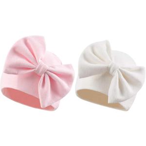 Bamery Newborn Baby Girl Hat Cotton Baby Bow Beanie Preemie Hats Spring Infant Hats for Girls 0-12 Months (White+pink)