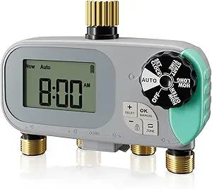 QUOBAS Sprinkler Timer for Garden Hose with Child Lock, Programmable Brass Digital Water Timer 4 Zone for Drip Irrigation, Pool, with Rain Delay/Auto/Manual, Waterproof Screen & Battery Powered