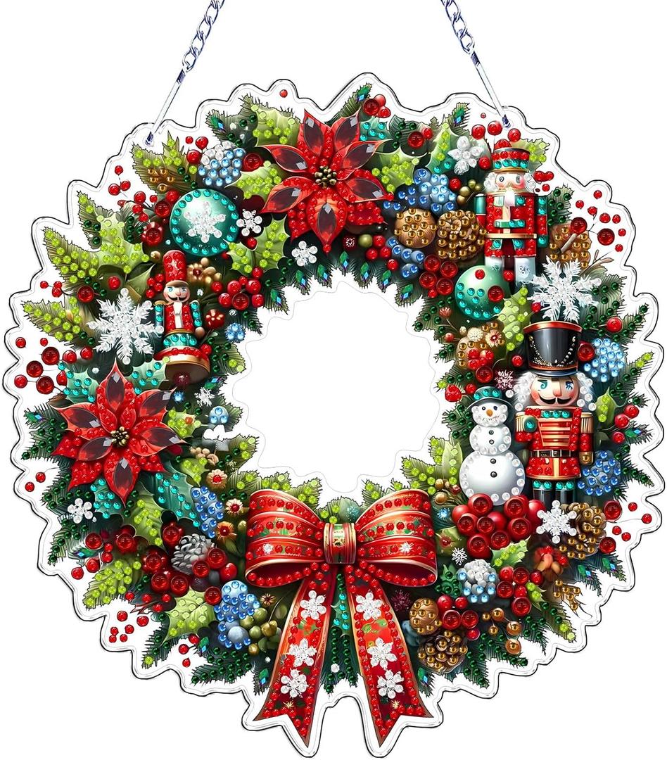 VODAPYC Christmas Wreath Diamond Art Hanging Kits for Adults | Xmas Acrylic DIY Special Shaped Diamonds Art Windows Pendant Ornament