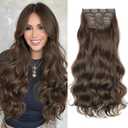 KooKaStyle Clip In Hair Extensions, Natural Long Layered Soft Invisible Synthetic Curly Wavy Hairpieces for Women, 4 pcs (20 Inch, Chocolate Brown)