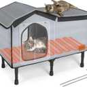 Outdoor Cat House Heated for Outside Winter 100% Waterproof Oxford Tarpaulin with Safe Escape Door and 5" Elevated Base with Heater for Feral Barn Cat Kitty (26x20x14)