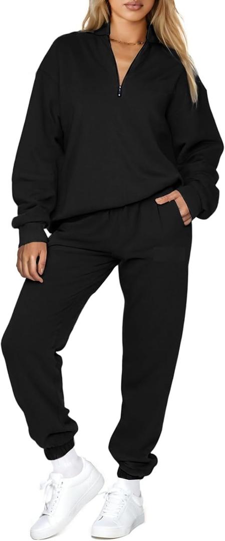 Aleumdr Women 2 Piece Outfits Sweatsuit Oversized Half Zip Pullover Long Sleeve Sweatshirt Jogger Pants Set with Pockets (X-Large, Black)