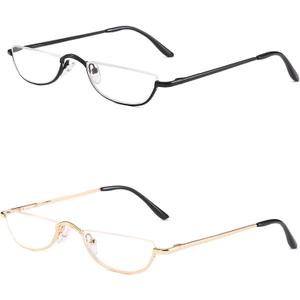 REAVEE 2 Pack Retro Designer Half Moon Reading Glasses for Women Men Spring Hinge Half Frame Readers Stylish Slim Eyeglasses with Pouch, Gold and Gun Grey 1.0