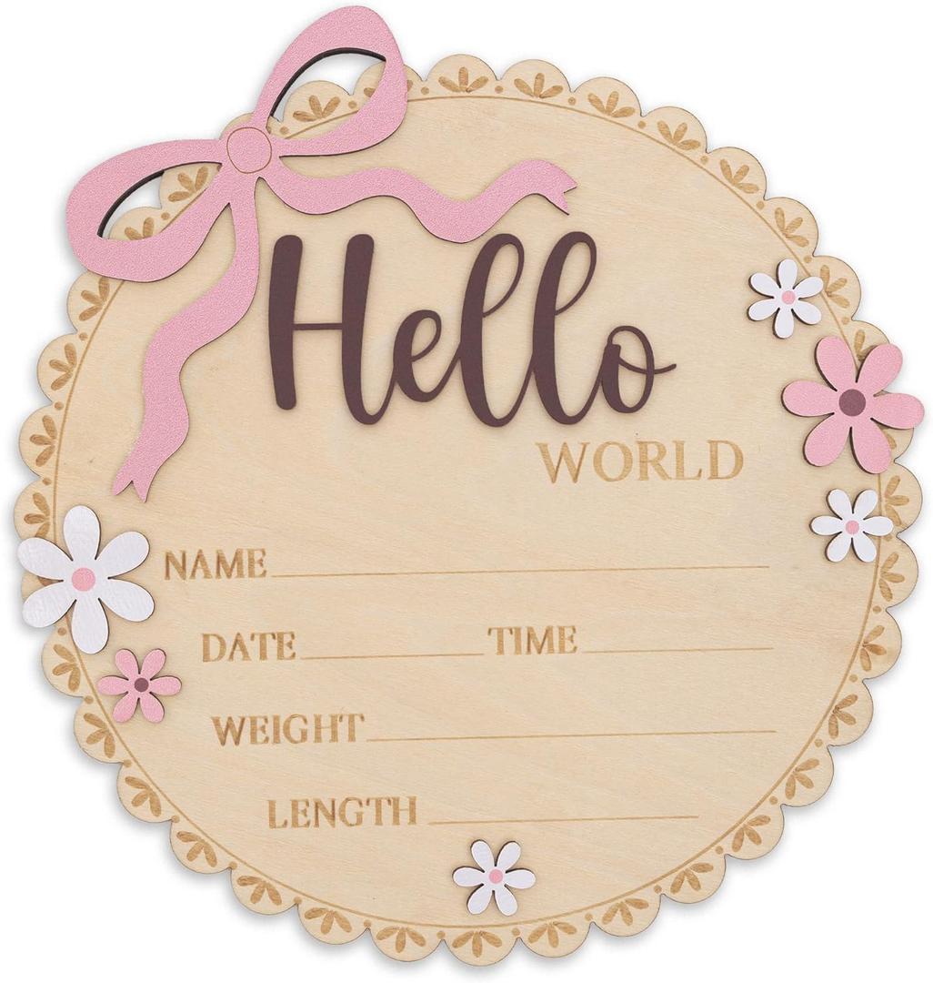 Hello World Wooden Baby Birth Announcement Sign, Pink Floral Newborn Name Date Time Weight Length Board, Baby Girl Nursery Decor Photo Prop Keepsake (Light Pink + Mouve)