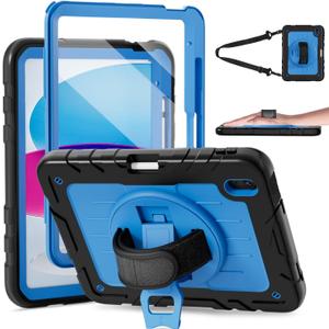 Case for iPad 10th Generation 10.9inch 2022,with Built-in Screen Protector and Kickstand,Hand Strap,Shoulder Strap for New Apple iPad 10.9 Inch(Black/Blue)