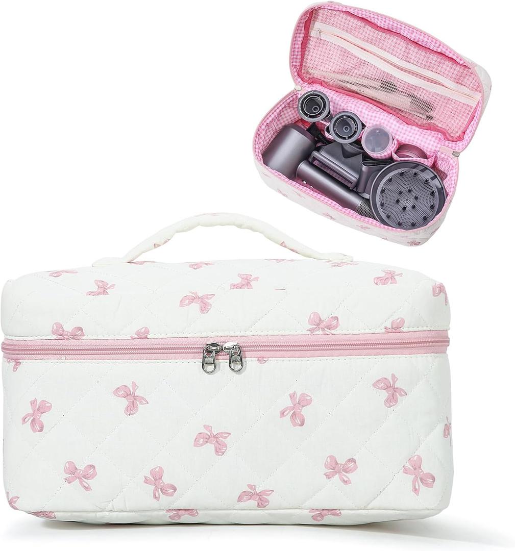 Large Quilted Hair Tools Travel Bag with Top Handle, Cute Portable Cotton Floral Organizer Case for Hair Dryer, Curling Iron & Styling Accessories, Home & Travel Use, Ideal Gift for Women & Girls