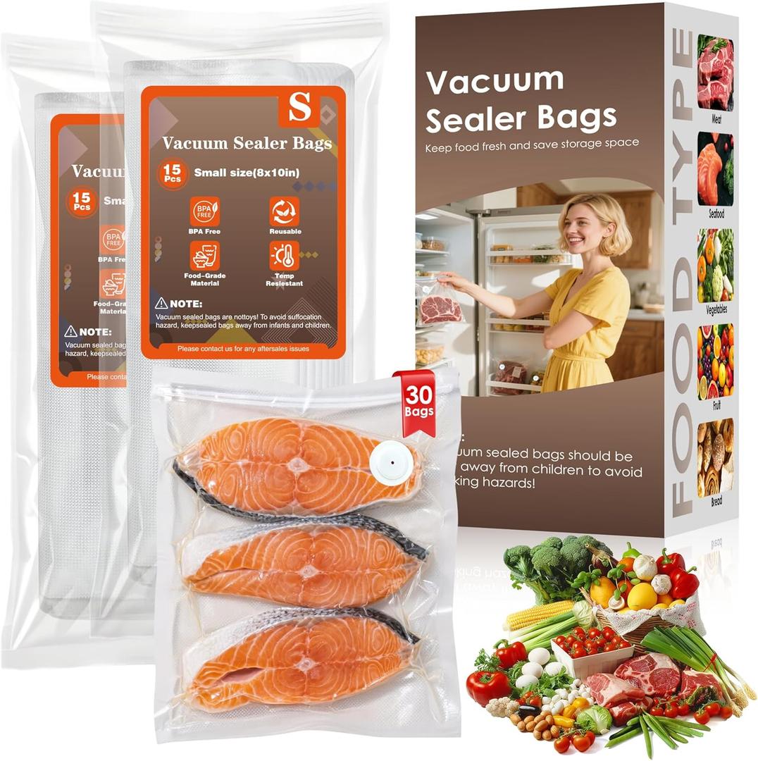 Reusable Vacuum Sealer Bags for Food  30 Small (8 x 10 in) For Elxis Vacuum Sealer (Without Vacuum Sealer)