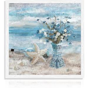 Bathroom Beach Wall Decor Blue Ocean Canvas Wall Art Modern Coastal Seascape Painting Floral in Vase Print for Bedroom 14x14 in Unframed
