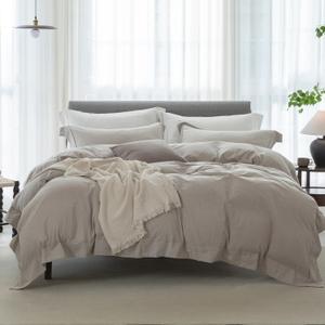 Cooling King Duvet Cover Set 3 Pieces-100% Washed Cotton with Chic Wide Trim Design Linen Like Textured Ultra Soft Cozy Bedding with Zipper Closure(Hemmed Beige Grey,King 104"x90")