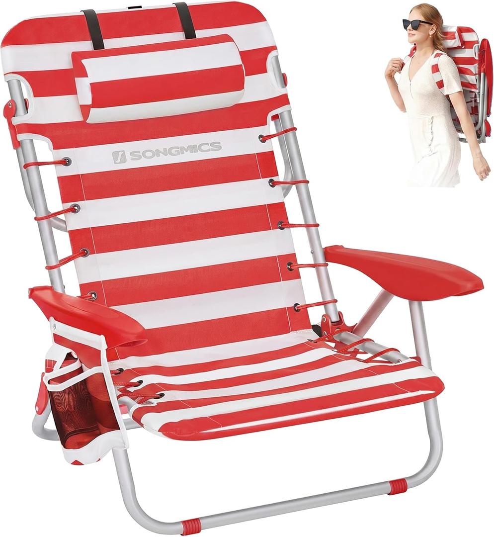 SONGMICS Portable Backpack Beach Chair, 331 lb Capacity, 4 Angles Adjustable Backrest, 2 Side Pockets, Towel Bar, Red and White UGCB062R01