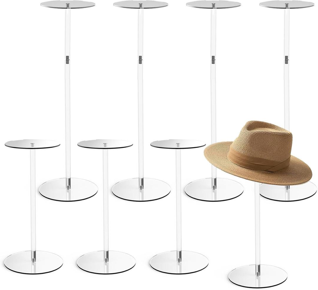 8 Pcs Acrylic Hat Stand, 12" to 17" Clear Hat Stands, Wig Hat Display Rack, Adjustable Height Hat Holder, Round Acrylic Risers for Display Hat (8 pcs)