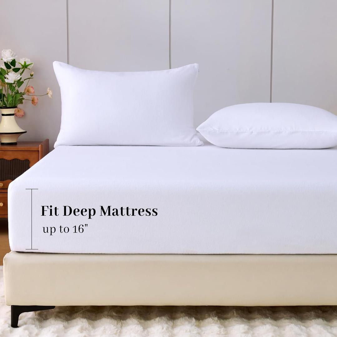 100% Cotton Flannel Fitted Sheet Only, Ultra Soft Cozy Warm Fitted Bottom Sheet for All Season, 16" Deep Pocket, White, Queen