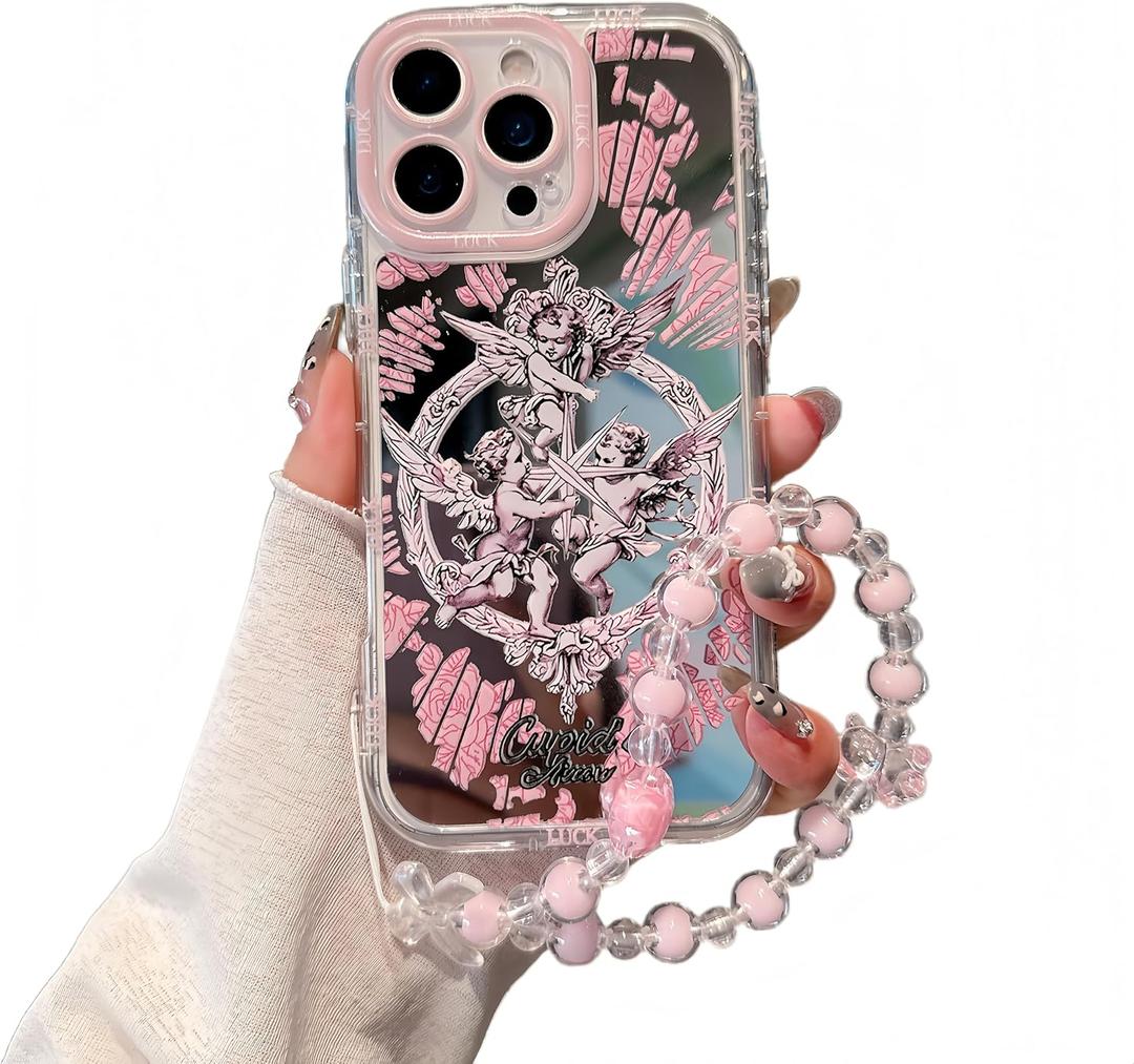 Compatible with iPhone 15 Plus Case, Angel Cupid Pattern Design,Shiny Mirror Case,2-in-1 with Beaded Wrist Strap,Soft TPU Frame, Shockproof and Anti-Shock, Suitable for Women & Girls