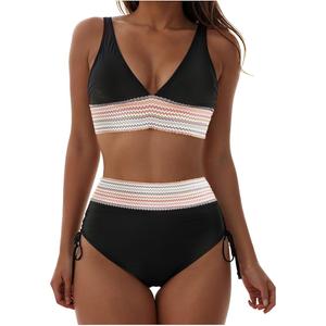 Women High Waisted Bikini Sets Triangle Color Block Two Piece Drawstring Bathing Suit Swimwear Swimsuits (Large, Black)