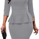 Women Fashion Peplum Bodycon 3/4 Sleeve Bow Wear to Work Club Business Formal Ruffle Pencil Party Dress Grey, Small