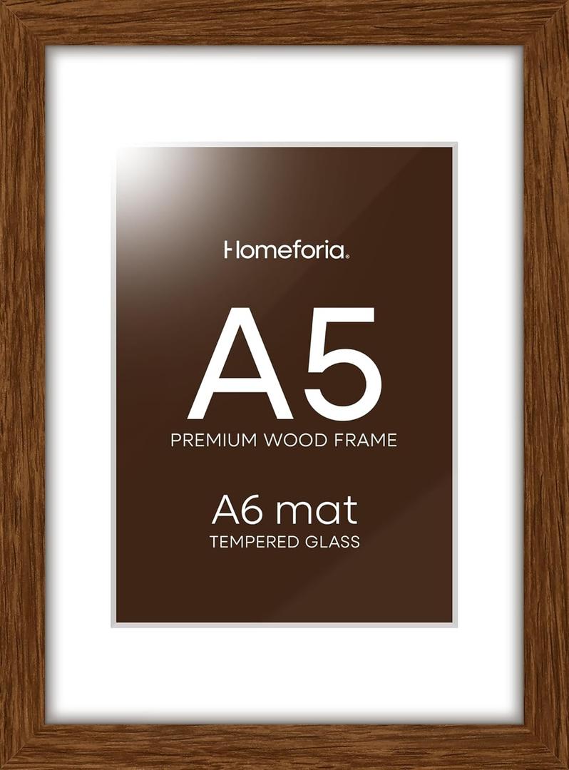 Homeforia A5 Picture Frame Brown, High-End Wooden Dark Wood Frame for Wall, A5 Photo Frame Brown with Mat A6, 5.8x8.3 Poster Frame, Tempered Glass, Wall Kit, Set of 1
