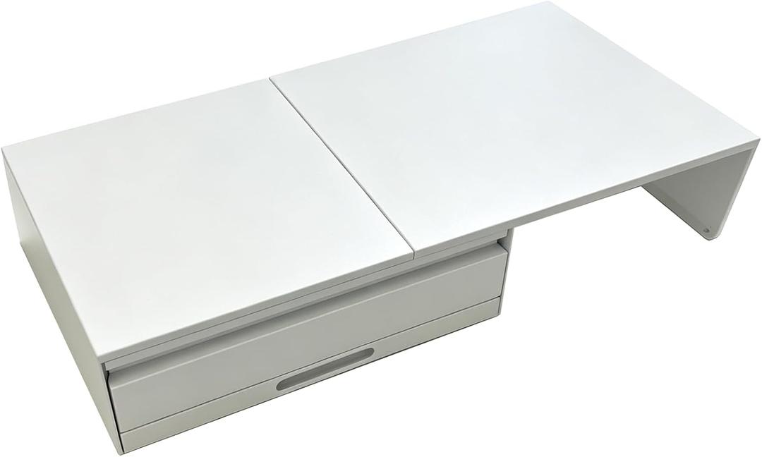 Countertop Microwave Rack, Carbon Steel Microwave Stand with Drawer and Tray, Expandable Countertop Shelf - Length Adjustable, 18.5"-30.7" x W 14.1" x H 5.1", White