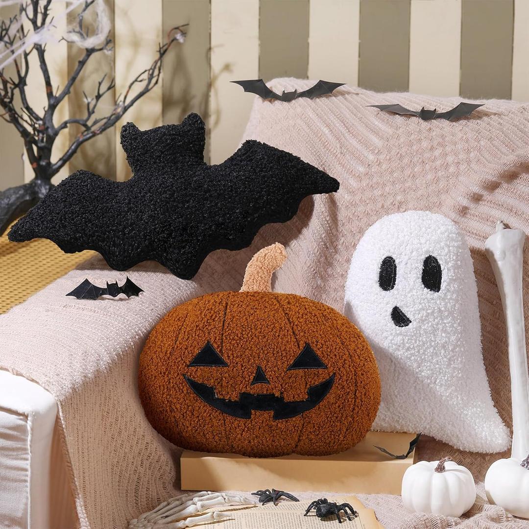 Huwena 3 Pcs Brown Halloween Pillow Decor Happy Halloween Pumpkin Ghost Bat Shaped Throw Pillow Crystal Velvet Wool Decorative Cushion Pillowcase for Couch Sofa Bed Decoration