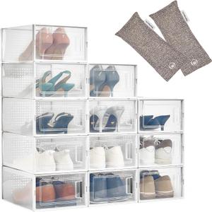 HomeBuddy Shoe Organizer for Closet - 12 Pack Shoe Boxes Clear Plastic Stackable Bins, Clear Shoe Boxes Stackable with Lids, Sneakers Storage Case, Zapateras Organizer for Shoes, Closet Shoe Organizer
