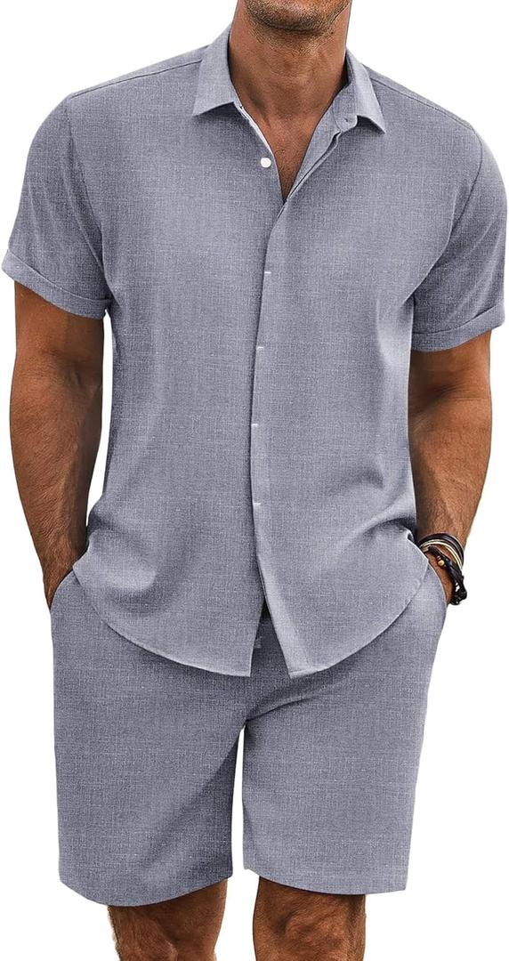 COOFANDY Men's Summer Beach Outfits 2 Piece Short Sleeve Shirts and Shorts Vacation Texture Linen Sets for Men (Medium, Dark Blue Grey)