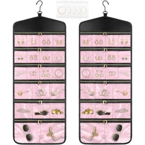 CHICECO Hanging Jewelry Organizer With Zippered Pockets,40 Pockets Travel Jewelry Organizer Storage for Cloest,Wall,Door (Pink)