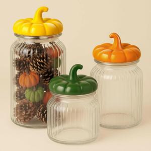 Mimorou 3 Set Pumpkin Glass Jar with Pumpkin Airtight Ceramic Lid 44 oz 33 oz 22oz Fall Clear Candy Jar Food Storage for Thanksgiving Party Cookie Table Decoration(Yellow, Orange, Green,Autumn)