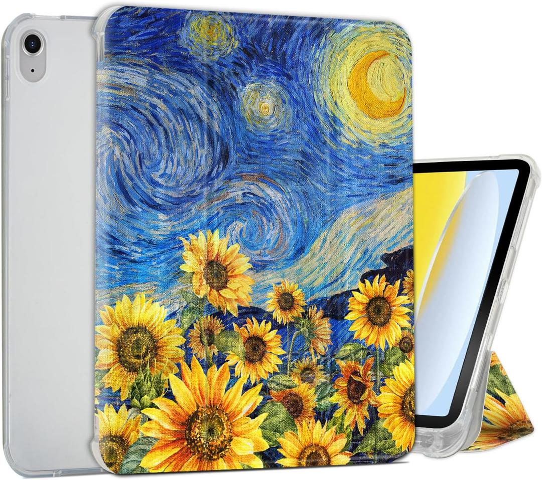 for iPad (A16) Case 11th Generation, iPad 10th Generation Case with Pencil Holder Viewing&Typing Angles Slim Trifold Stand Lightweight Transparent Back Soft TPU Auto Wake Sleep Starry Night Sunflowers