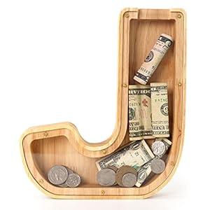 WOOD CITY Letter Piggy Bank for Adults Boys Girls Kids, Wooden 9 inch Large Personalized Bills and Coins Bank Money Box, Customized Name DIY Creative Gift for Real-Money, Alphabet Decorations (J)