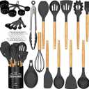 Umite Chef Kitchen Cooking Utensils Set, 33 pcs Non-Stick Silicone Cooking Kitchen Spatula Set with Holder, Wooden Handle Silicone Kitchen Gadgets Utensil Set (Black)