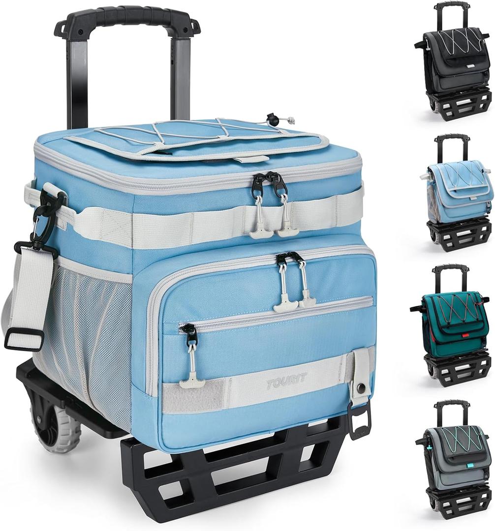 TOURIT Collapsible Cooler with Wheels, Insulated Rolling Cooler with All-Terrain Cart, Waterproof Soft Sided Cooler Bag for Beach, Picnic, Camping, Shopping, Travel, 48Can 28L