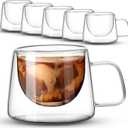 Rtteri 6.7 oz Double Wall Glass Coffee Mugs Set of 6 Espresso Mugs with Square Handle Glass Cappuccino Cups Tea Clear Coffee Insulated Cups Gift Set for Latte Tea Bag Beverage Cafe Kitchen