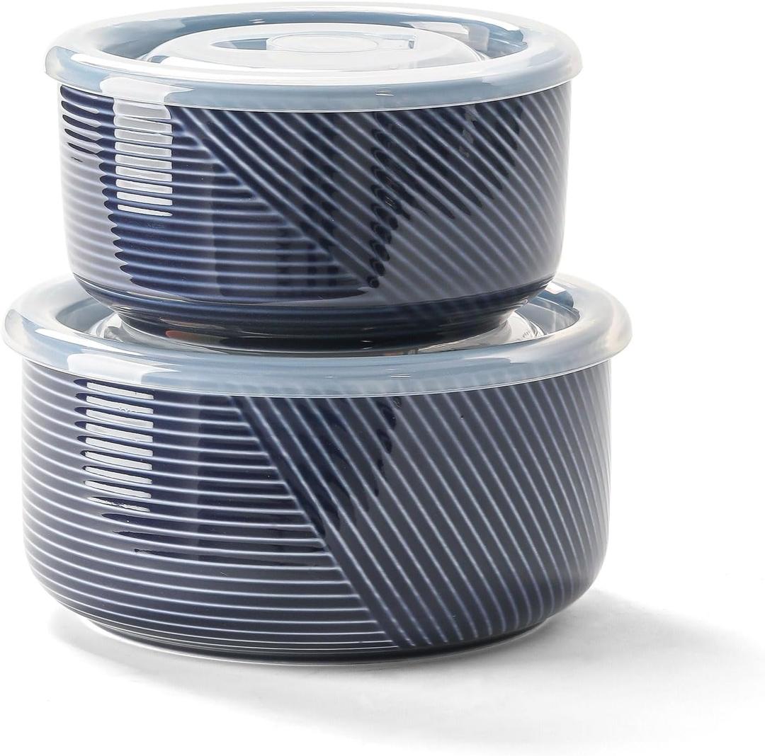 Ceramic Nesting Bowls with Lid: Microwave Safe Food Storage Containers for Work Lunch Picnic Camping Meal Prep Soup Salad Cereal Leftovers - 5 & 6 Inch, 20 & 32 oz, Set of 2, Navy