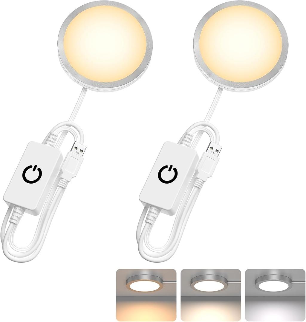 2 Pack Puck Lights 5V Single USB Powered,3 Color Temperature Adjustable & Dimmable Under Cabinet Light,3D Printer LED Lamp Kit for Cabinet,Wardrobe,Showcase