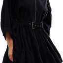 Womens Shirt Dress 3/4 Sleeve Ruffle Mini Dress Half Zipped V Neck Collared A Line Casual Dresses with Pockets Small