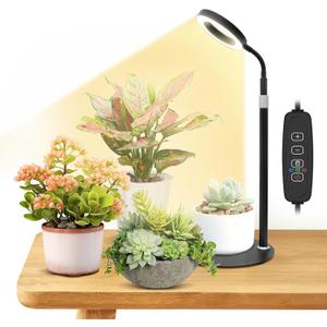 Desk Grow Lights for Indoor Plants, Red Blue Full Spectrum Desktop LED Plant Growing Lamps, Height Adjustable 13.7-24.2inch, 3/9/12H Auto Timer,10 Levels Dimmable, Black Table Growth Light