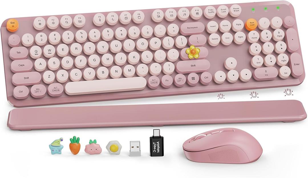 Wireless Keyboard and Mouse Combo, Full-Size Typewriter-Style Keyboard with Round Keycaps, Magnetic Wrist Rest, Tilt Legs, 2.4GHz Cordless for Mac, Windows PC, Laptop, SABLUTE CK23, Dusty Rose