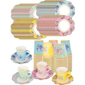 32 Set Floral Paper Tea Cups(8.5 oz) with Handle & 6" Saucers Set, 64pcs Disposable Tea Cup Saucer for Cold & Hot Drinks Serves 32 for Tea Party Wedding Baby Shower Party Supplies