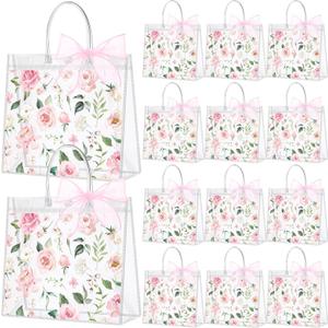 Wesnoy 24 Pcs Clear Floral Gift Bags with Handles Rose Pink Flower PVC Treat Tote Bag for Tea Birthday Party Wedding Bridal Shower Bachelorette Anniversary Engagement Guests, 6.3 x 5.9 x 3.2 Inch