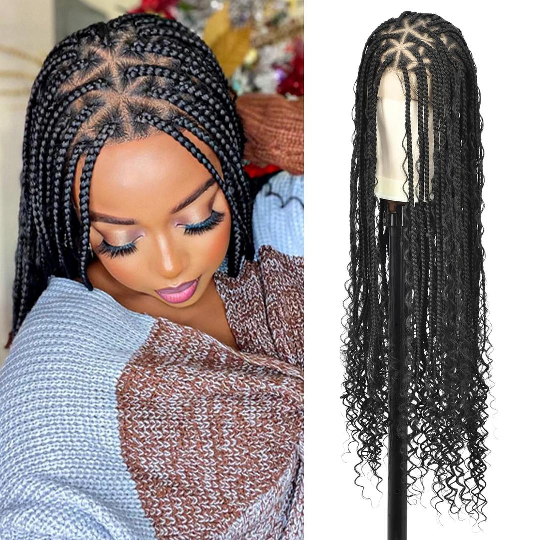 Boho Braided Wigs Knotless Braided Wigs for Women Full Double Lace Box Braid Wig with Baby Hair Synthetic Lace Front Braided Wig 36" Black