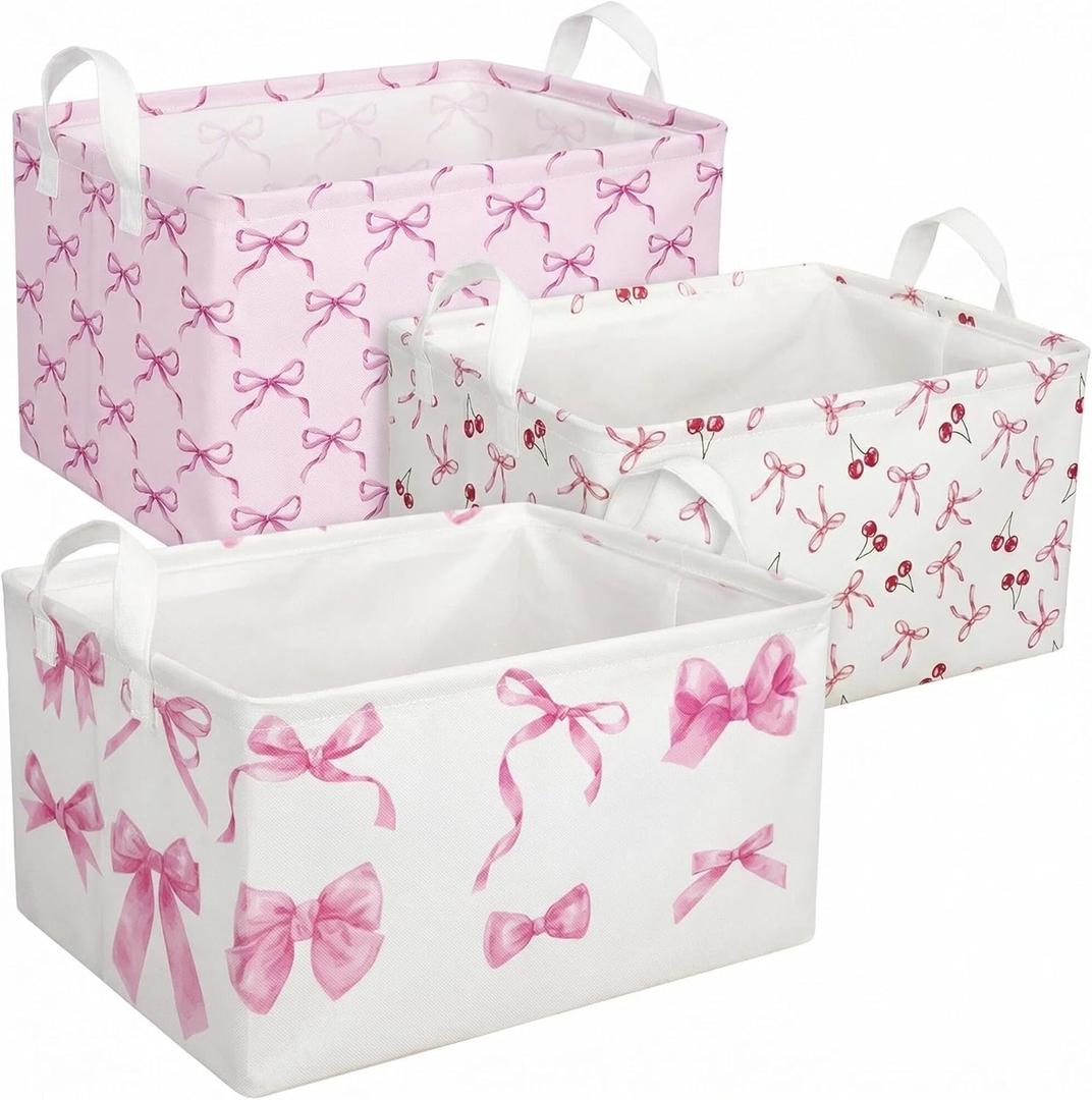 3 Pcs Pink Bow Storage Basket, Coquette Girls Rectangle Storage Bins Box with Handles, Bows and Chery Shelf Basket Ideal for Room Nursery Decor, Books, Organizing Clothes, Toys