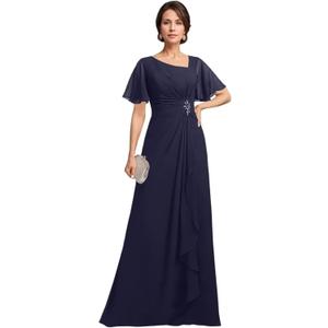Raseal Chiffon Mother of The Bride Dresses Flutter Short Sleeves Long Ruched Applique Wedding Guest Dress RS148 (Navy Blue, Size 8)