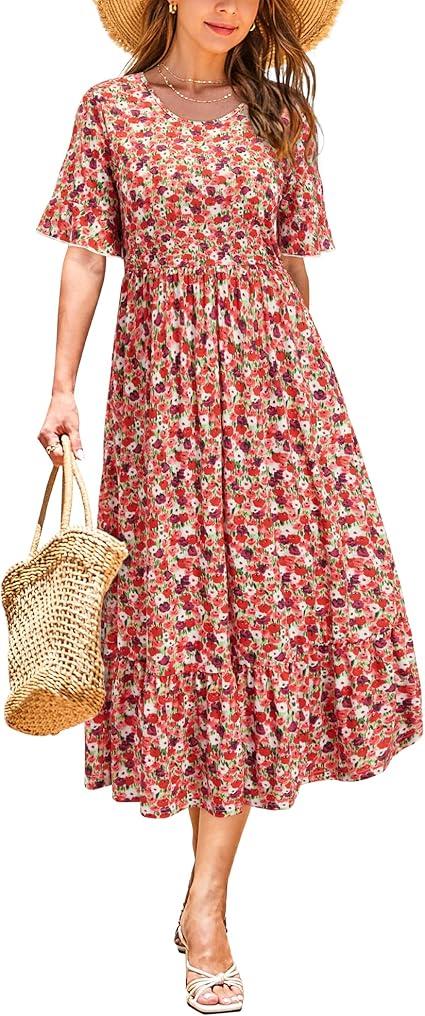 STYLEWORD Women's Summer 2025 Casual Short Sleeve Tiered Flowy Spring Dress Long Midi Beach Sundress Vacation Outfits
 Size 2XL
