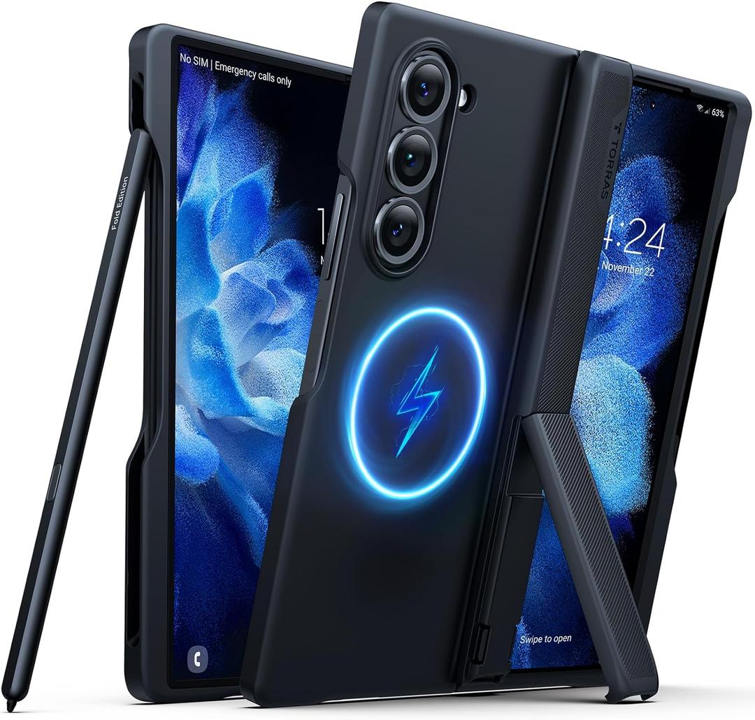 TORRAS Magnetic Armor Stand for Samsung Galaxy Z Fold 6 Case with S Pen Holder, MIL-Grade Hinge Protection, Compatible with MagSafe, Invisible Kickstand, Slim for Galaxy Z Fold 6 Case, Black