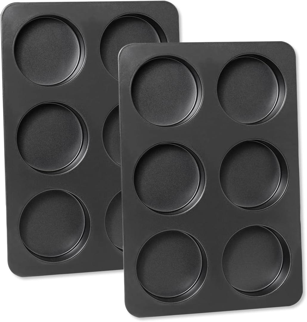 2 Pcs English Muffin Pans, 3.6 Inch Non-Stick 6 Cup Straight Side Cupcake Pan, Hamburger Bun Pan for Home/Kitchen Baking - Grey Black