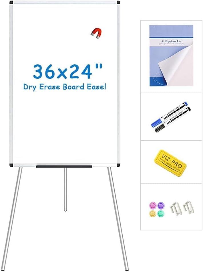 VIZ-PRO Magnetic Whiteboard Easel, 36 x 24 Inches, Portable Dry Erase Board Height Adjustable for School Office and Home (Silver)