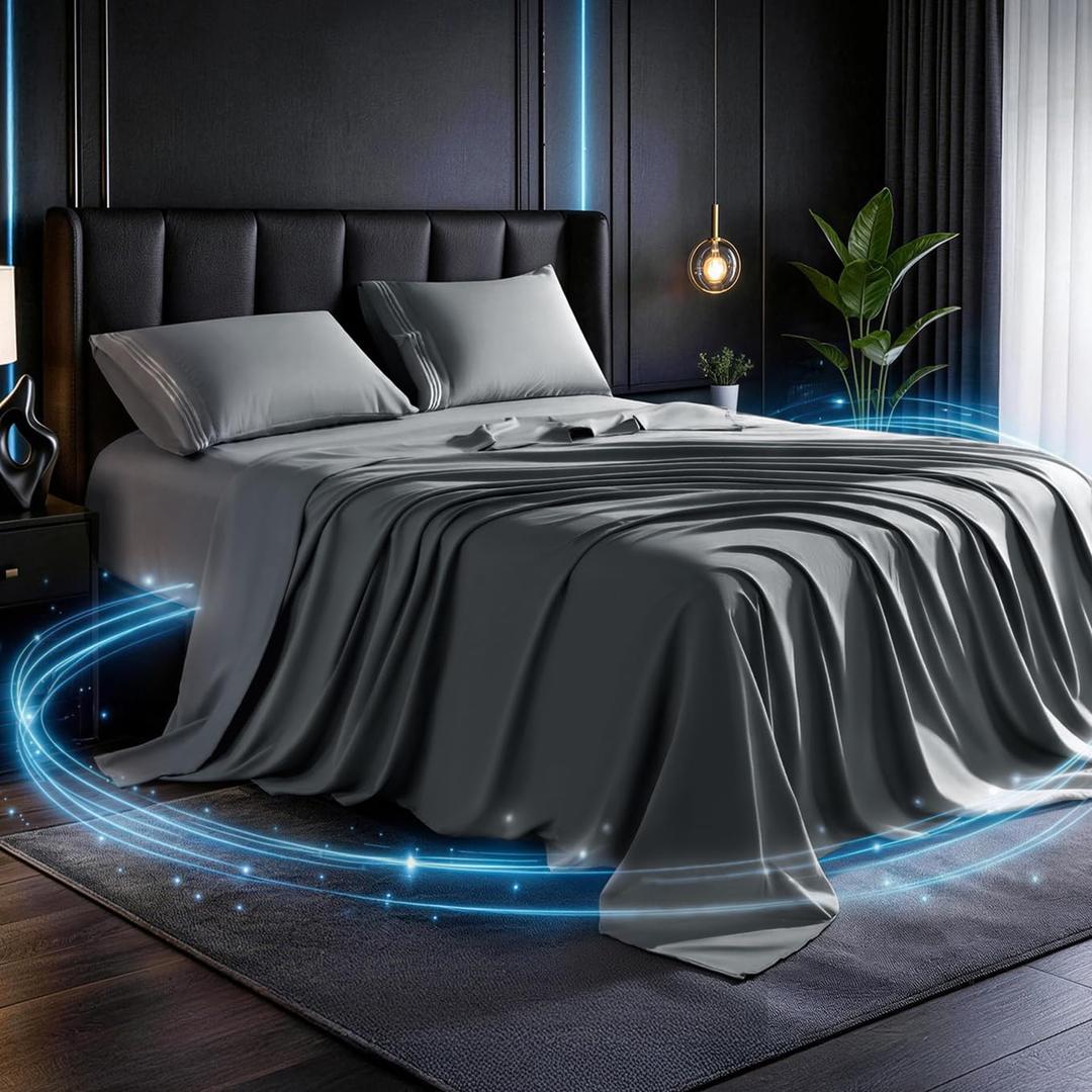 SONORO KATE Silver Infused Sheets, Self-Cleaning & Temperature-Regulating Bed Sheets Set, Hypoallergenic & 3X Longer Fresh Sheets, Ultra-Soft Cooling for Hot Sleepers - 4PC (Dark Grey,King)