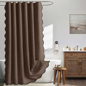 MIULEE Brown Scalloped Shower Curtain Linen Textured with 12 Metal Hooks Cute Heavy Duty Washable Waterproof Thick Cloth Shower Curtains with Black Border for Bathroom Hotel Bathtub,W72*L72