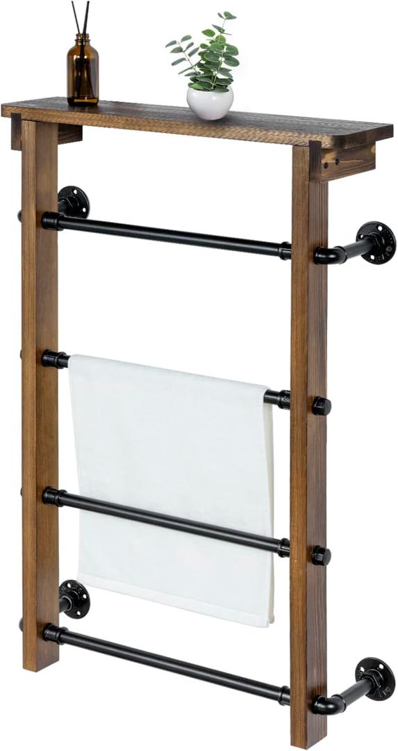 MyGift 4-Tier Wall Mounted Towel Rack Ladder with Top Storage Shelf, Rustic Burnt Solid Wood Hanging Towel Holder with 4 Black Industrial Metal Pipe Rungs Bar Design (Dark Brown)
